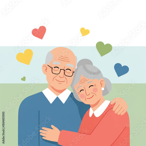 Illustrative depiction of an elderly couple embracing, surrounded by colorful hearts, symbolizing love and togetherness