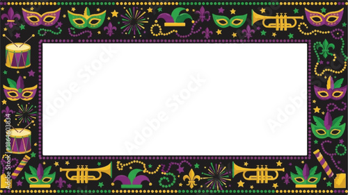 Vibrant Mardi Gras Celebration Frame with Masks, Trumpets, and Drums Surrounding a Blank Space