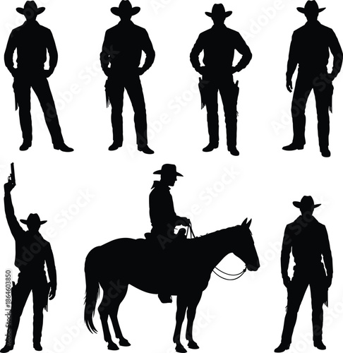 Western cowboy silhouette set illustration, gunslinger poses with revolver and horse, wild west outlaw character collection vector design