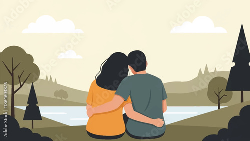 Couple Sitting Together on a Hill Overlooking a Serene Lake and Rolling Hills
