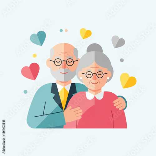 Elderly Couple Portrait With Hearts, Celebrating Love and Companionship