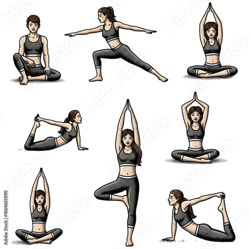 Zen Harmony: A collection of various poses demonstrating yoga techniques for meditation and spiritual well-being. Capturing the essence of mindful movement and inner peace.