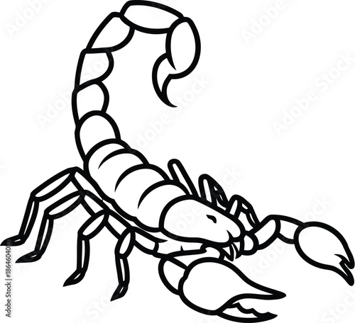 Simple black and white line art illustration depicting a menacing scorpion with a raised, stinging tail and large pincers ready to attack a perceived threat