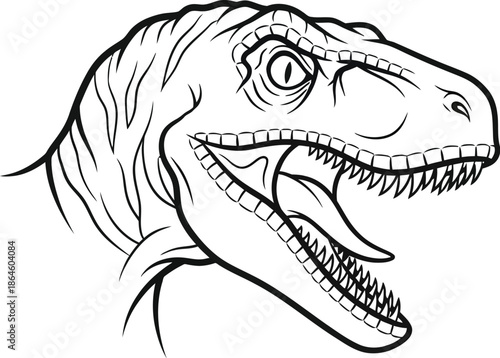 Fierce raptor dinosaur head illustrated in bold black and white line art style suitable for logos or coloring activities