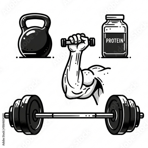 Fitness Essentials: An illustration showcasing the core tools of a fitness regimen, a symbol of strength and dedication to physical well-being.