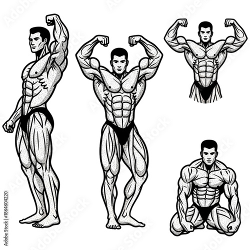 Muscular Poses: A stylized illustration showcases a bodybuilder exhibiting his physique in various poses, highlighting muscle definition and strength.