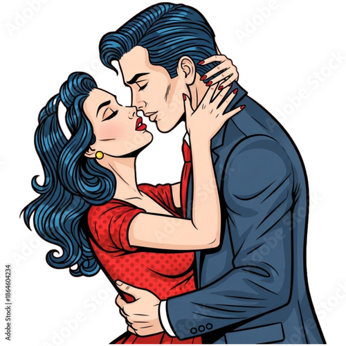 Romantic Kiss: A couple embraces in a passionate kiss, embodying the essence of love and intimacy within a classic pop art style, capturing a timeless moment of affection.