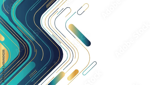 Abstract wave-like design with gradient blues and gold lines on white background