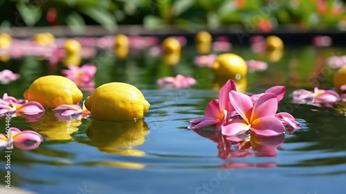 Tranquil Still Life of Lemons and Frangipani Flowers Floating on Water Surface