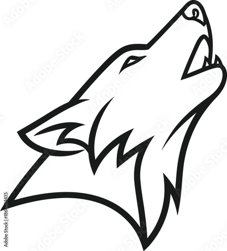Stylized black and white outline drawing of a fierce wolf head howling upward against a clean minimalist white background perfect for logos