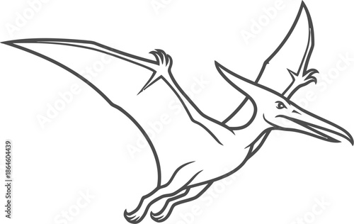 Black and white line art illustration depicts a stylized pterodactyl reptile soaring through the air in a dynamic and dramatic flight pose.
