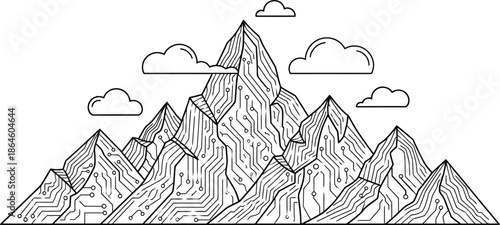 Minimalist black and white line art illustration depicts a series of mountain peaks textured with intricate electronic circuit board patterns underneath stylized clouds