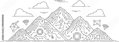 Abstract line art illustration depicting interconnected digital mountains representing circuit boards technology infrastructure and wireless communication concepts under scattered clouds