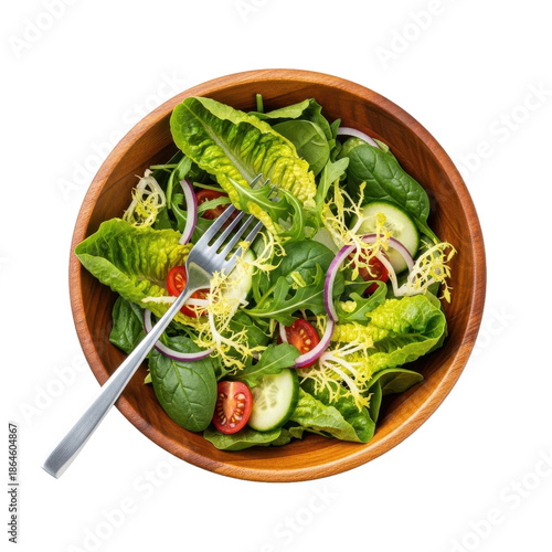 Fresh Green Salad In Wooden Bowl With Fork