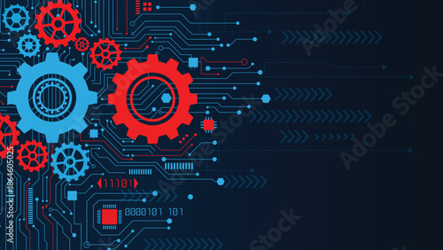 Abstract technology background with interconnected gears and electronic circuit patterns