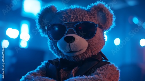 Teddy bear dressed as a famous movie character in a dramatic scene on blue lights background