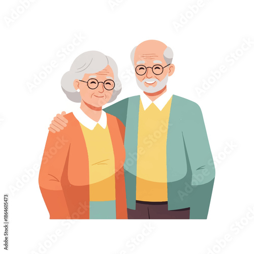 Elderly couple standing together with affectionate arm around shoulders in a warm and intimate illustration