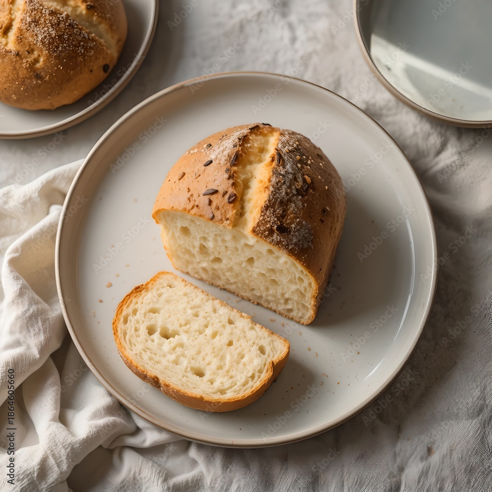 Obraz premium Fresh Homemade Bread Loaf with Slice on Plate, Rustic and Soft Texture
