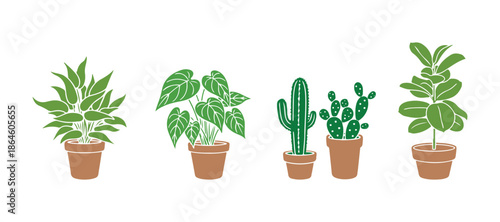 Colorful indoor houseplant collection. Doodle sketch of plants in flower pots.

