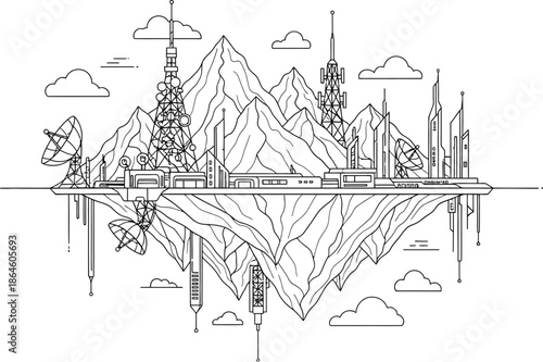 Outline drawing depicts a futuristic communication hub settlement integrated into a floating mountain island surrounded by stylized clouds and communication infrastructure elements.