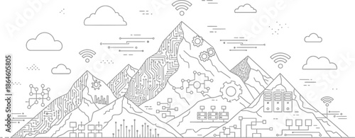 Abstract line art representation of digital transformation across mountain ranges symbolizing technological infrastructure and global connectivity concepts