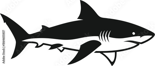 Stylized black and white silhouette graphic design illustration of a great white shark swimming horizontally representing ocean predators and marine life art