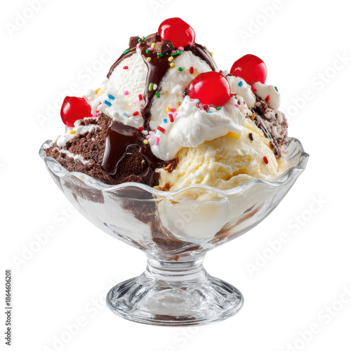 Decadent ice cream sundae with chocolate cake and cherries dessert, Isolated On White, Png Transparent, Cut Out