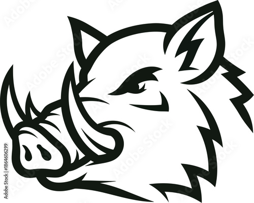Fierce black and white illustration of a wild boar head with sharp tusks perfect for athletic team mascot logos or graphic design elements