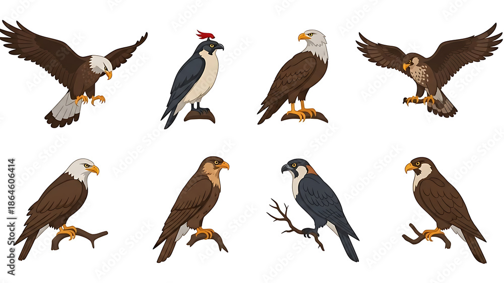 Obraz premium Collection of various eagles and birds in different poses and actions
