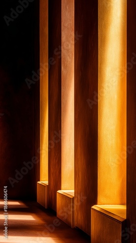 civic. Grand hall interior with geometric pillars and beams of golden light. ...