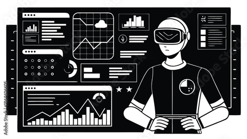 A woman doctor with a stethoscope works at an office desk with a laptop in this professional cartoon vector illustration