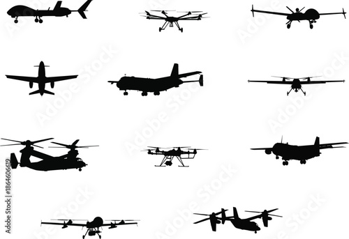 Aircraft and drone silhouettes set, military aviation collection, unmanned aerial vehicles, surveillance technology, defense transport illustrationAircraft and 