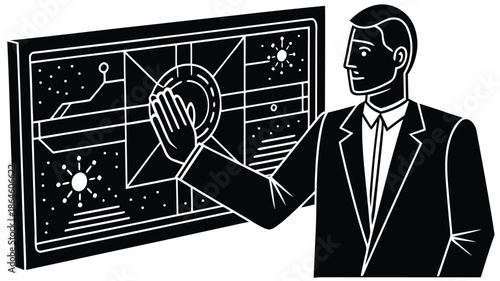 A successful businessman in a professional suit uses a 3d digital pen to draw social media icons and communication symbols on a virtual blackboard concept for web technology