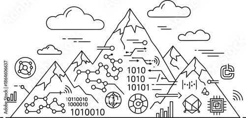 Abstract line art illustration merging mountain landscape with complex digital technology icons representing data processing and connectivity challenges