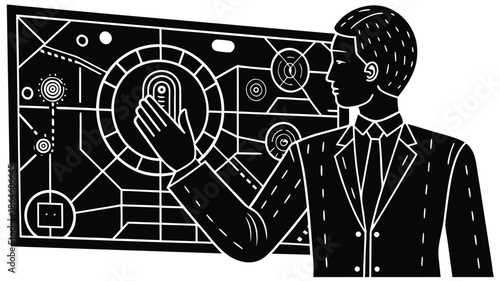 Black and white cartoon vector illustration of a young businessman using a laptop computer for internet business design art