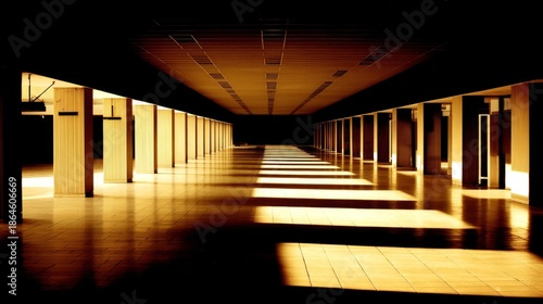 civic. Grand hall interior with geometric pillars and beams of golden light. ...