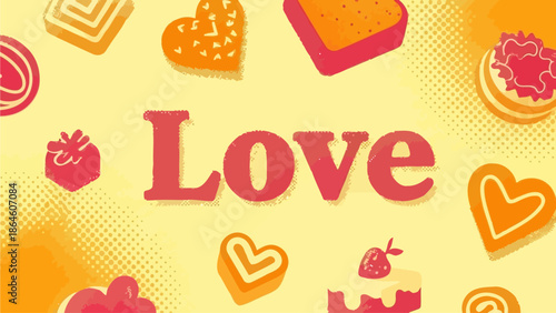 A vibrant graphic illustration of love symbols on a bright yellow background with various heart shapes and sweet treats