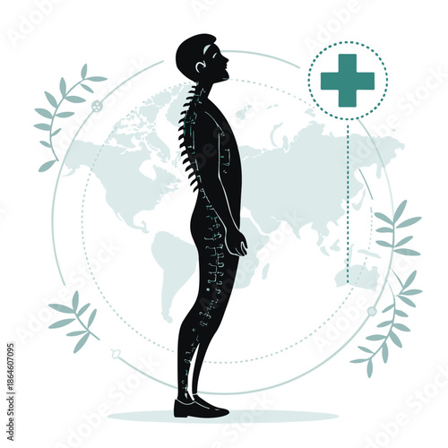 Man with correct posture standing in front of a world map with a green cross