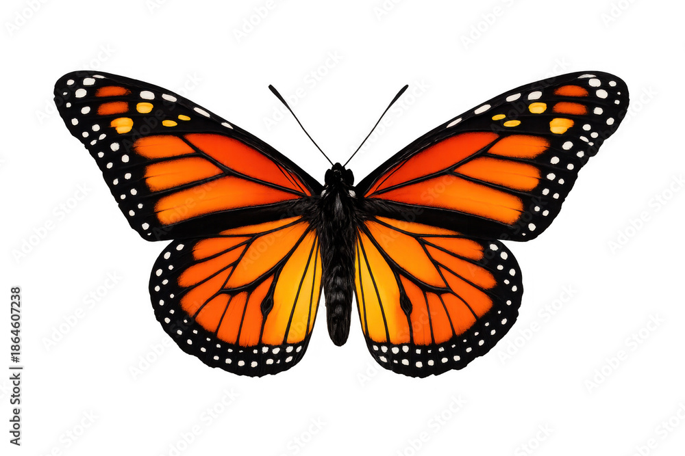 Fototapeta premium Monarch butterfly showing its vibrant orange wings, black veins, and white spots. Transparent background for versatile use