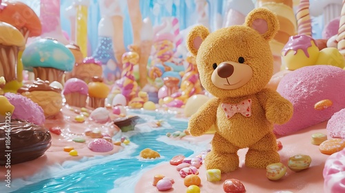 Teddy bear exploring a candyland full of sweets and chocolate rivers