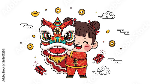 Chinese New Year, little girl with lion dance costume