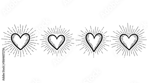 Four hearts with radiating lines on a white background