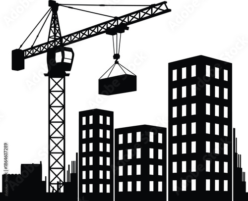 Construction crane lifting building, urban city skyline silhouette, real estate development concept, modern architecture, infrastructure growth illustration