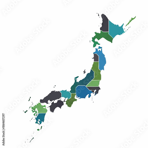 Abstract vector illustration of the Japan map created using colorful geometric flat shapes, clearly showcasing the official outline of the country isolated on a clean white background.