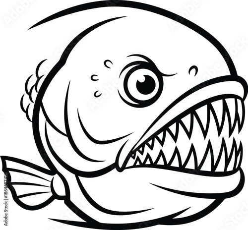 Cartoon black and white illustration of a ferocious piranha fish head showing sharp triangular teeth and bulging eyes suitable for mascot design