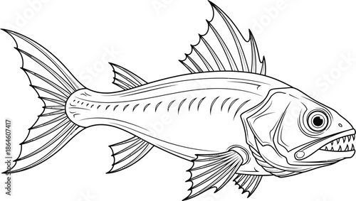 Detailed black and white line art illustration of a fierce predatory fish featuring sharp teeth and prominent dorsal fins ready for coloring pages.