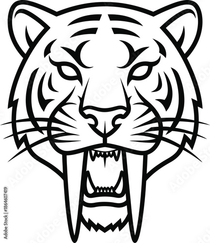 Stylized black and white line art illustration depicting the fierce front face of a snarling saber toothed tiger mascot head showing large fangs and tribal stripes
