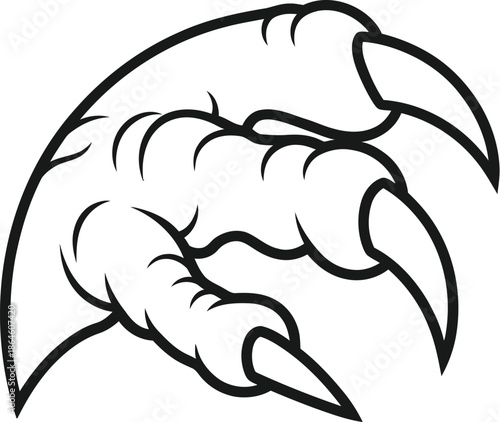 Black and white stylized drawing of a powerful raptor or monster claw featuring sharp talons suitable for logo design or graphic element application