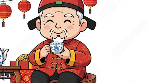 Cartoon chinese old man drinking tea