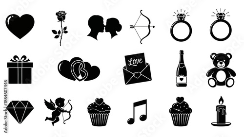 A collection of black icons representing love and romance on a white background